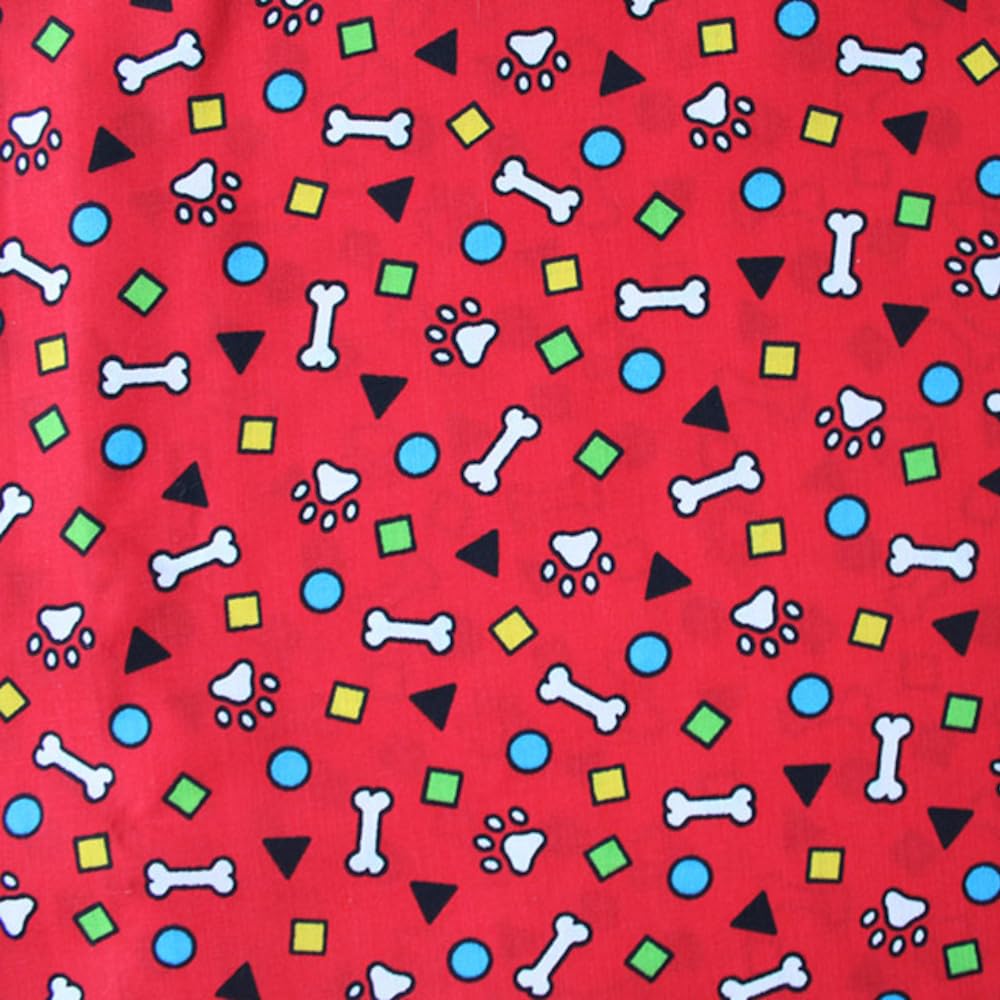 Oh Sew Crafty Limited Red Polycotton Fabric Doggie Shapes Bones Paw Prints Circle Triangle Dogs 112Cm Wide (Price Per Metre) (Red)