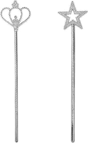Liatunou Paquete de 2 varitas de estrella plateadas, varitas de corona, varitas de hadas de princesa, palos mágicos para niñas, cumpleaños, fiesta,