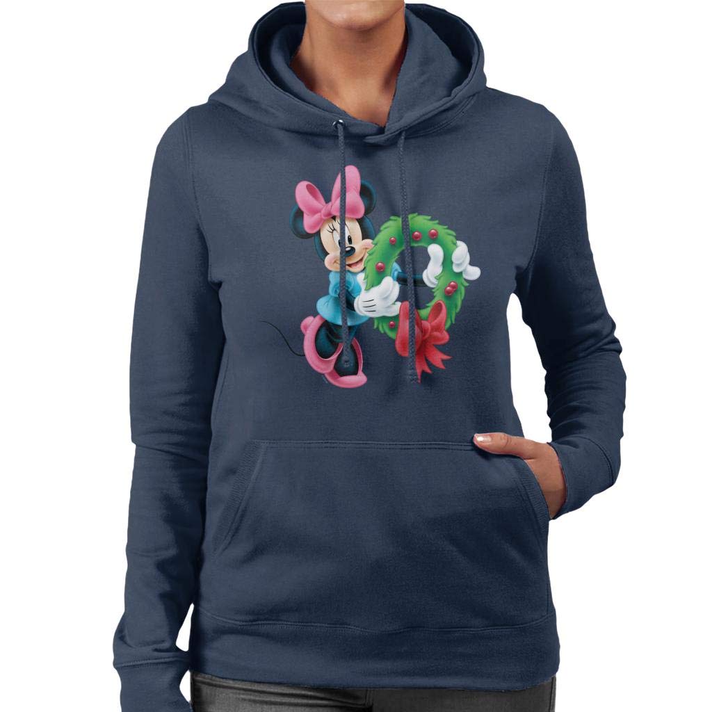 Disney Women's Navy Blue Minnie Mouse Christmas Wreath Hooded Sweatshirt