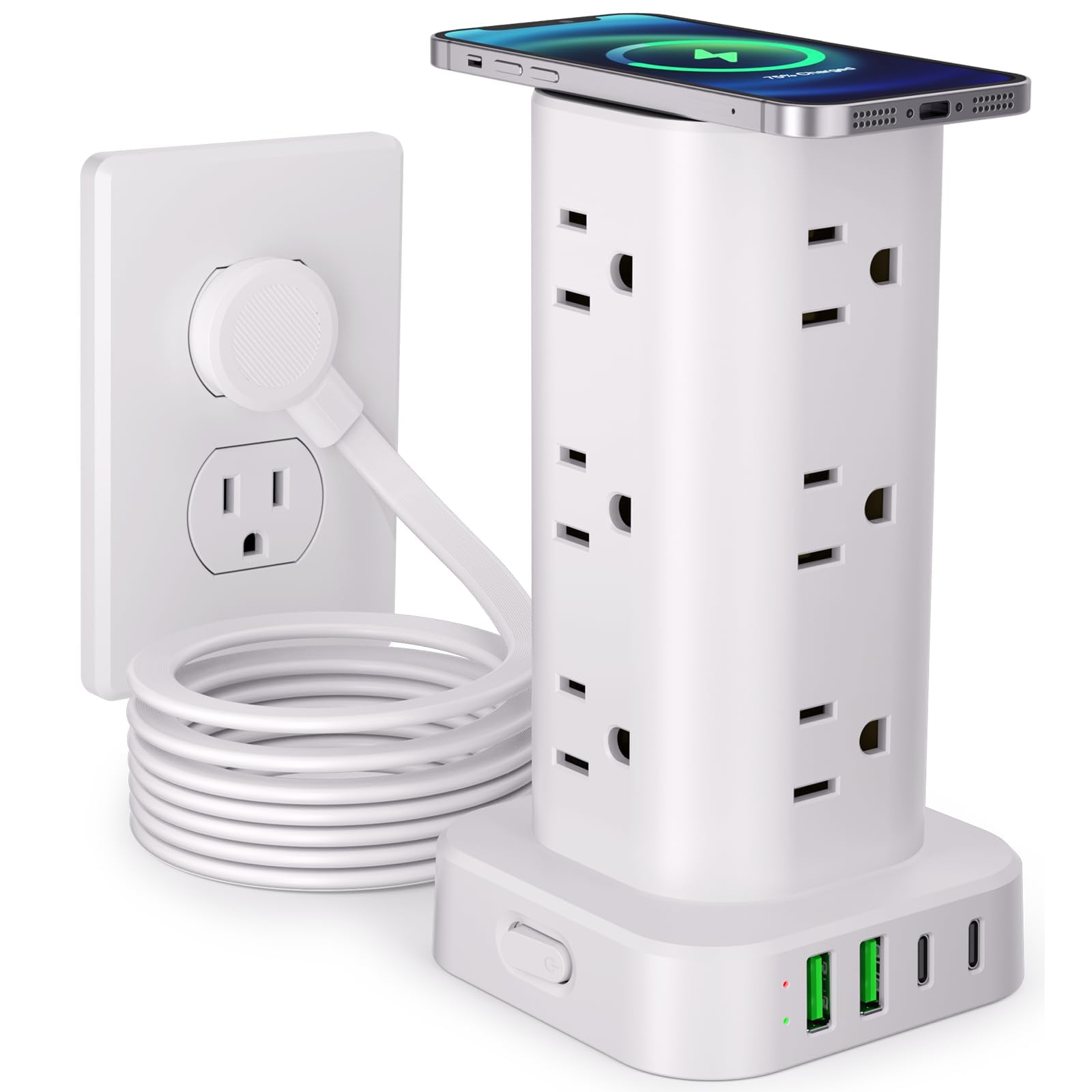 Power Strip with Wireless Charger, Flat Plug Surge Protector with 10FT Extension Cord, 12 AC Multiple Outlets, 4 USB (2 USB C), 15W Wireless Charging Power Tower for Home Office Dorm, White White 10FT with Wireless Charging