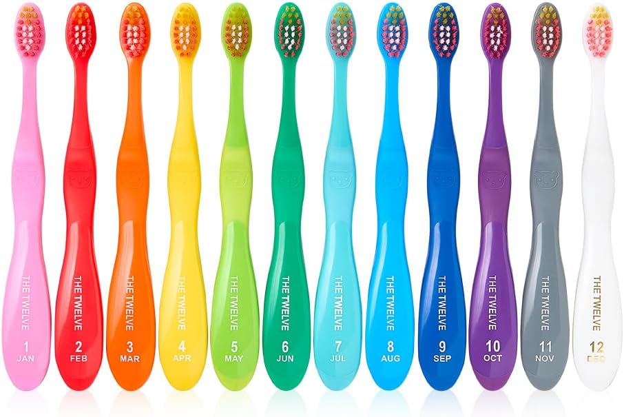 The Twelve Step3 Kids Toothbrush Vivid - Soft Bristles for Boys & Girls Ages 3+ - 12-Pack Rainbow Brushes (Monthly Replacement Reminder) (Triple Section Design) for Children’s Teeth