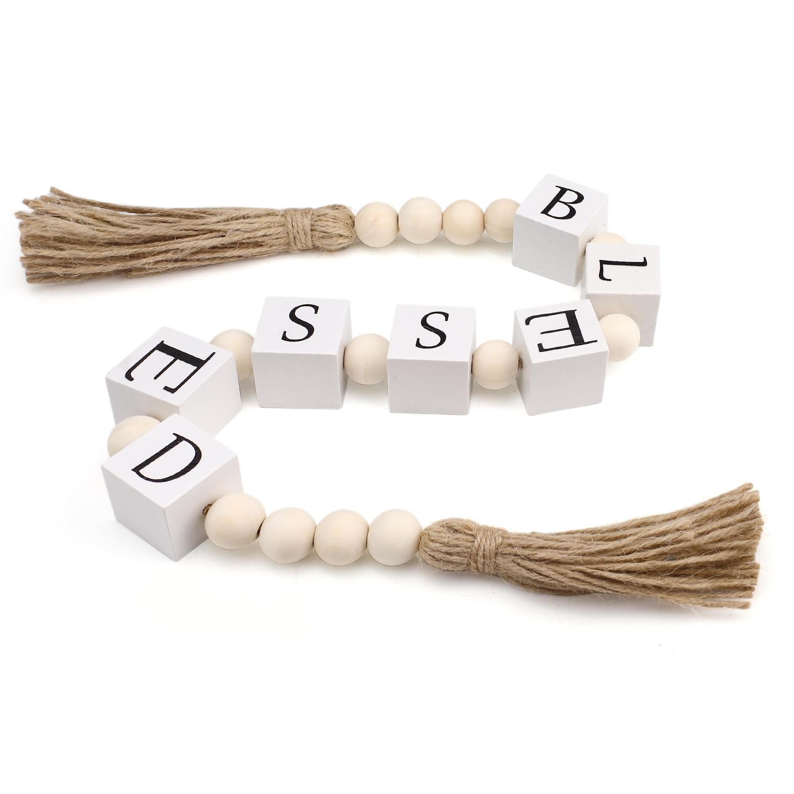 Huakaile 24.8 Inch Blessed Block Sign Wood Bead Garland with Tassels, Farmhouse Letter Decorative Beaded Garland, Rustic Wooden Beads Decor for Shelf Tray Coffee Tabletop Mantel Table (White)