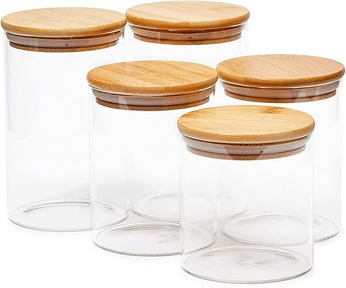 Miniatura 7 de Juvale Paquete de 5 recipientes herméticos de almacenamiento de despensa de vidrio con tapas, tarros transparentes de 3 tamaños (3.7/2.8/2 tazas),