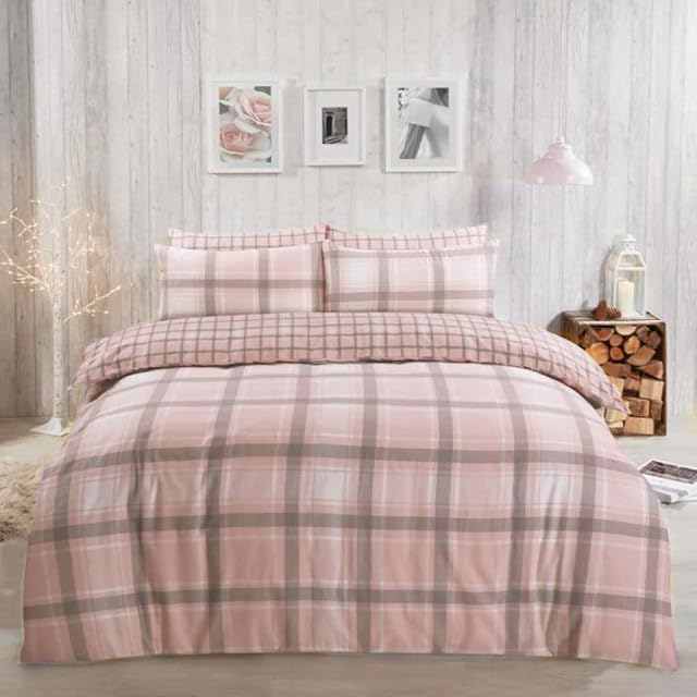Dreamscene Aspen Check Duvet Cover with Pillow Case 100% Brushed Cotton Flannelette Tartan Thermal Bedding Set, Blush Pink - Single