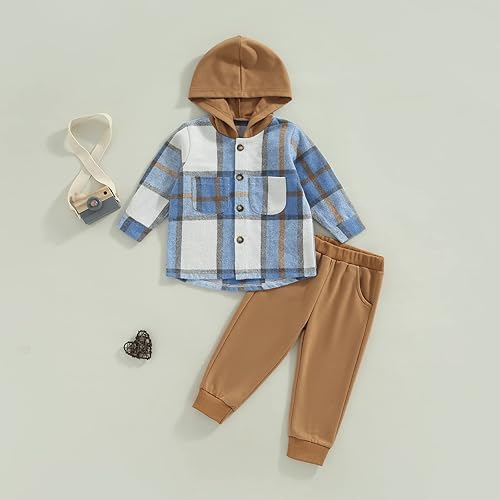Miniatura 3 de Camisa de manga larga con capucha y botones para niños y niñas con capucha y pantalón de color liso, ropa de otoño