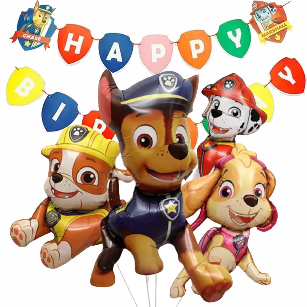 SWK 4 PCS Birthday Party Balloon for Paw Balloons Chase Dog Balloon Puppy Balloon Marshall Dog Balloons with Happy Birthday Banner