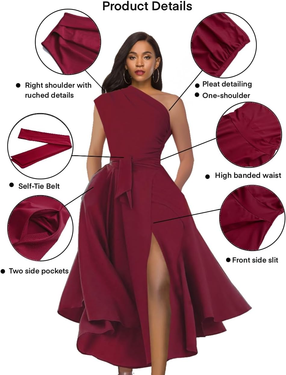 LILYIN Women's One Shoulder Sleeveless Belted Side Slit Cocktail Party Swing Dress with Pockets - Image 3