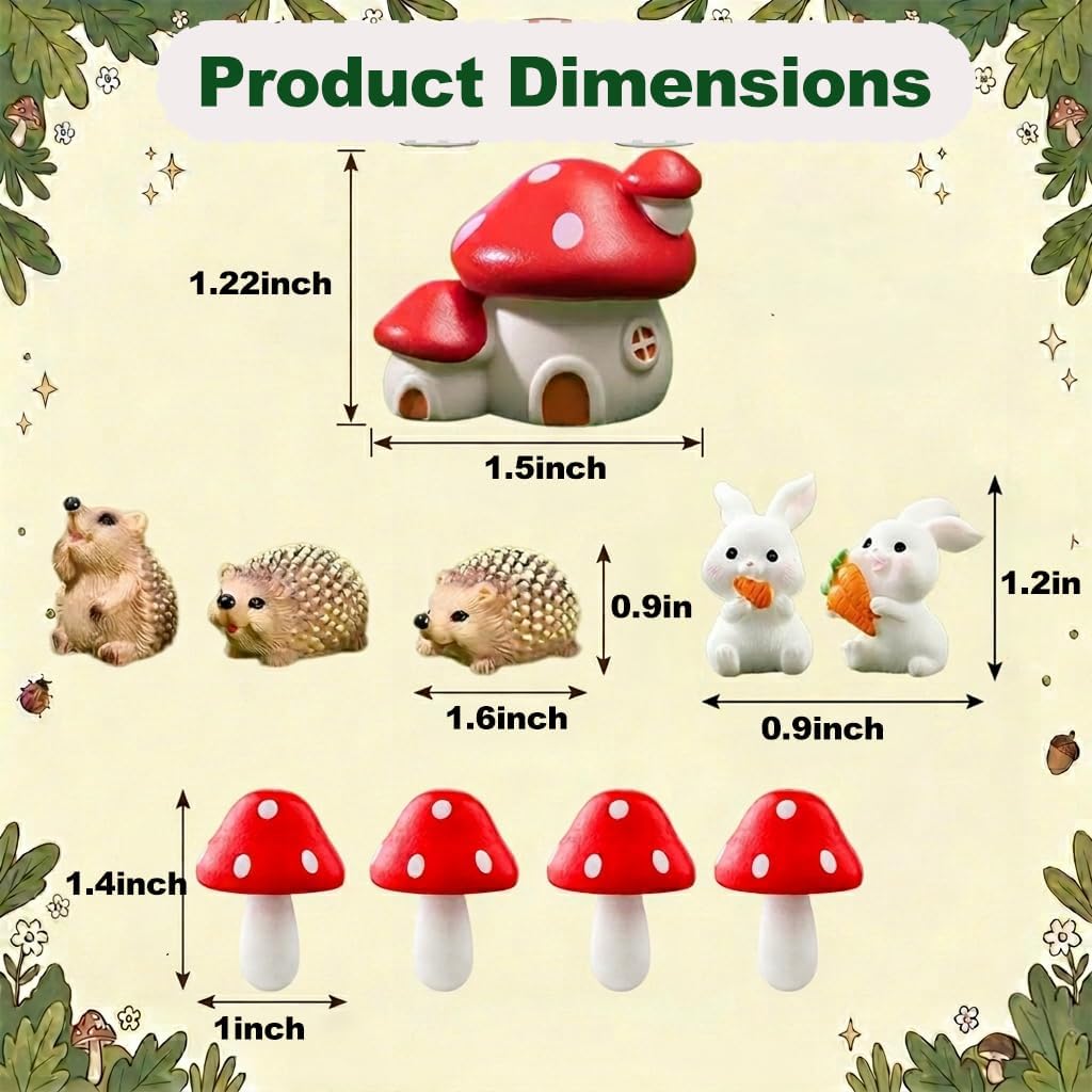 10 PCS Fairy Garden Accessories Miniatures Set, Resin Mushroom House, Woodland Animal Hedgehog & Bunny Figurines for Terrarium, Moss Bonsai, Outdoor Planter Decor