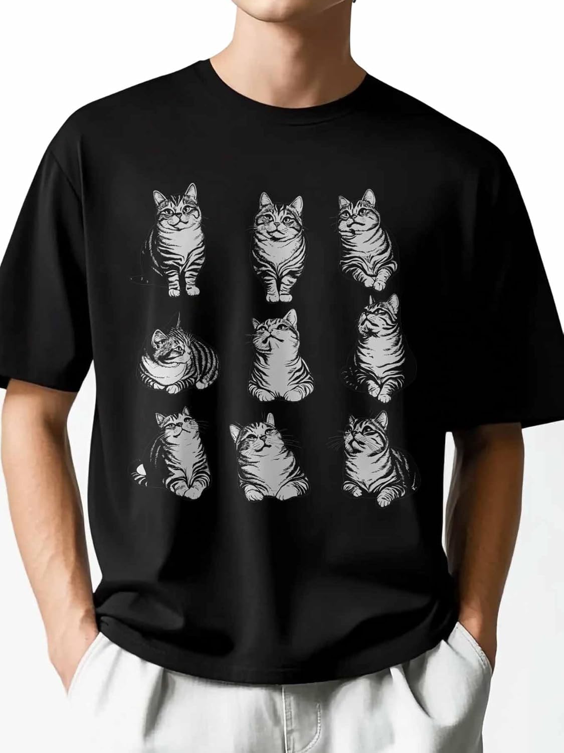 Men's T-Shirt Cute Cat Graphic Tees Cotton Short-Sleeve Casual Tops Animal Printed T-Shirt - Image 2