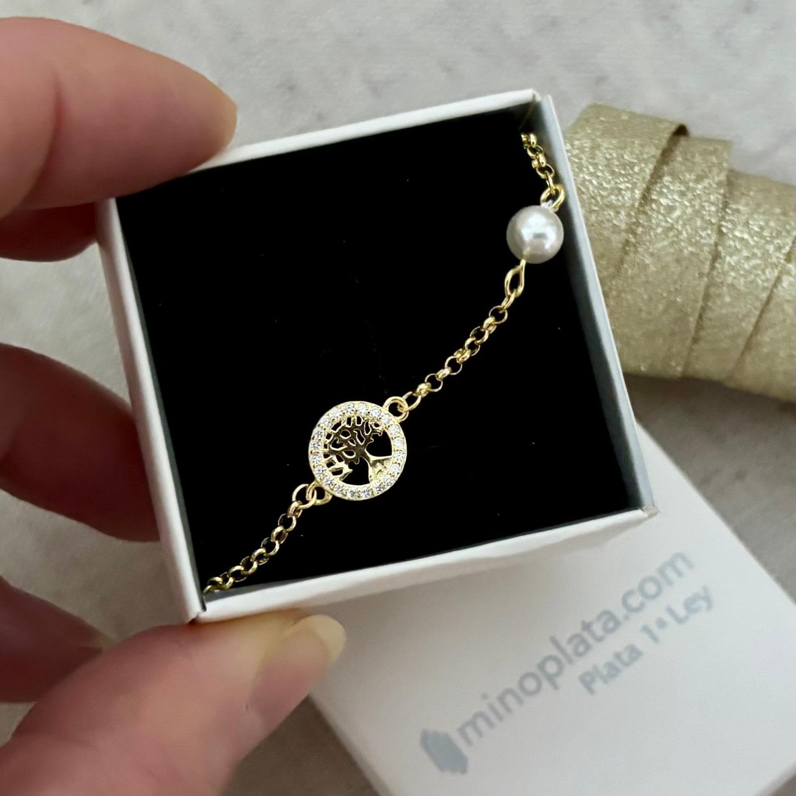Bracciale per bambini, albero della vita, in argento Sterling placcato oro, con perle coltivate e zirconi, 16 cm + 2 cm, regolabile, prima comunione