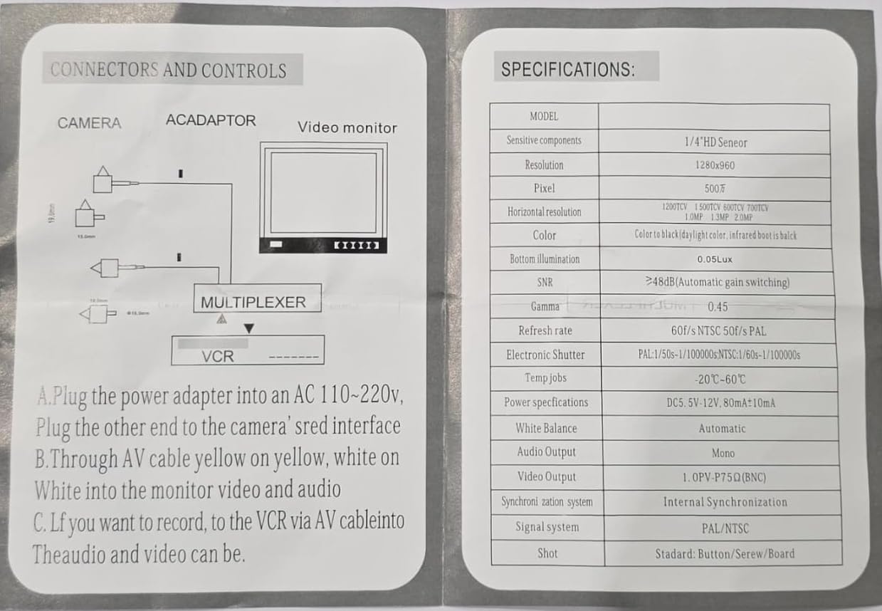 Mini Telecamera Pinhole Spia Nascosta Spy Cam con Microfono per Audio. Microspia Può Essere Visualizzata Direttamente su Monitor, Incluso 1 Alimentatore 12V-1Ah - Per Interno- NO WIFI