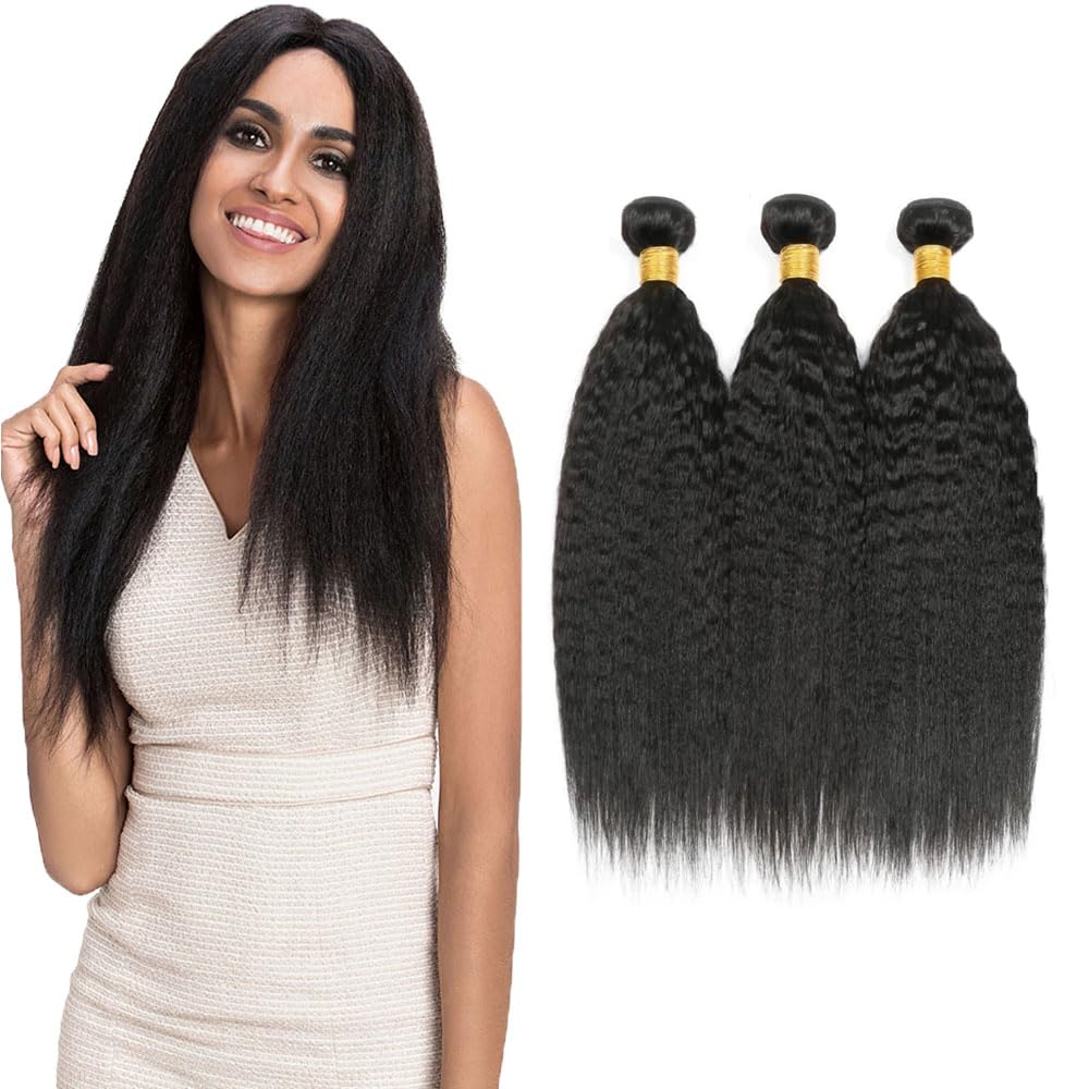 View 1 of #1B Human Hair Bundles Yaki Straight Bundles 28 30 32 Inch Unprocessed Brazilian Virgin Hair Weave 3 Bundle Natural Color 50 Grams Per Bundle Kinky Straight Human Hair Extensions