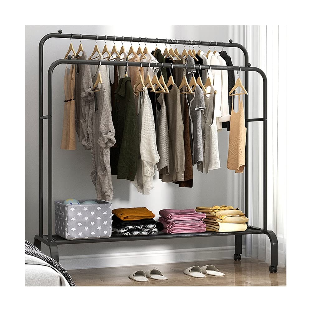 FGXHHS Freestanding Clothing Rack with Shelves and Wheels, Double Rail Garment Organizer for Bedroom Closet Storage
