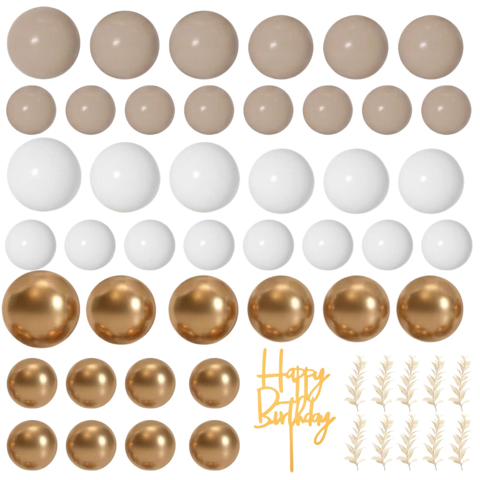 53 Pcs Boho Cake Decorations, Gold and White Ball Cake Toppers with Bohemian Grass, Foam Balls for Cake Decorating, Birthday Cake Decorations for Wedding, Baby Shower, Anniversary Party Supplies