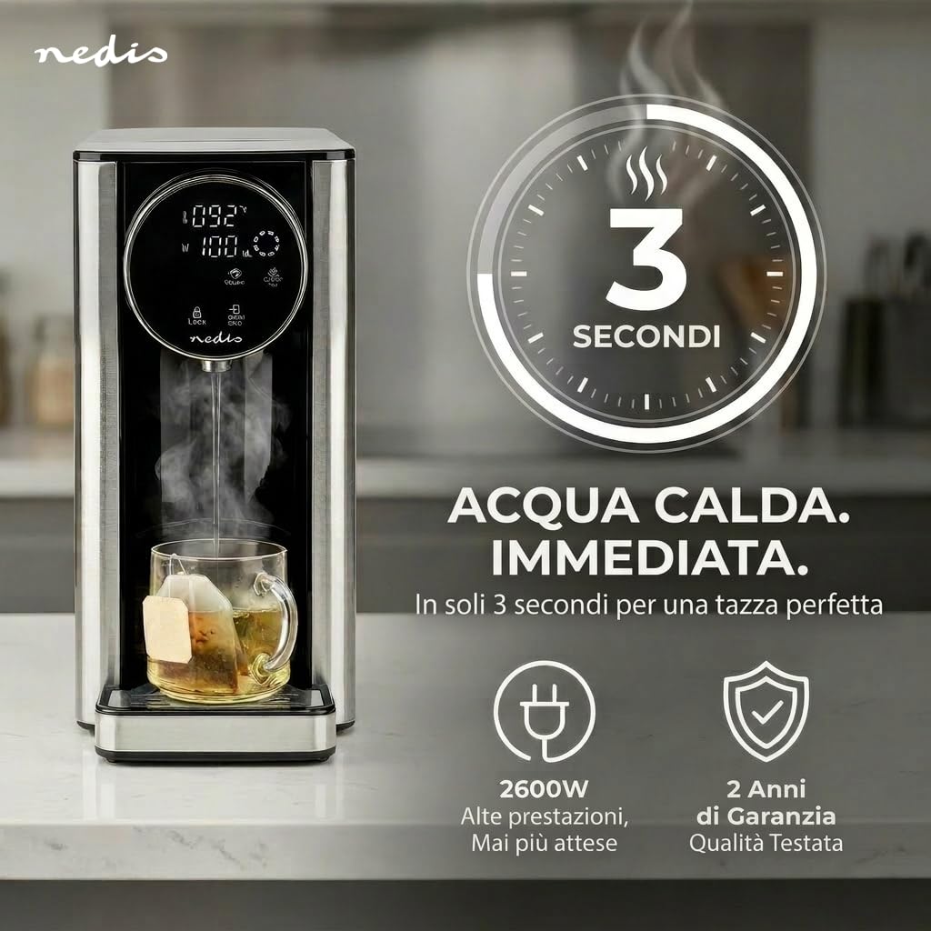 Nedis KAWD310FBK erogatore di acqua calda – serbatoio da 2,7 L – potenza 2600 W – riscaldamento rapido – controllo touch – alluminio/nero