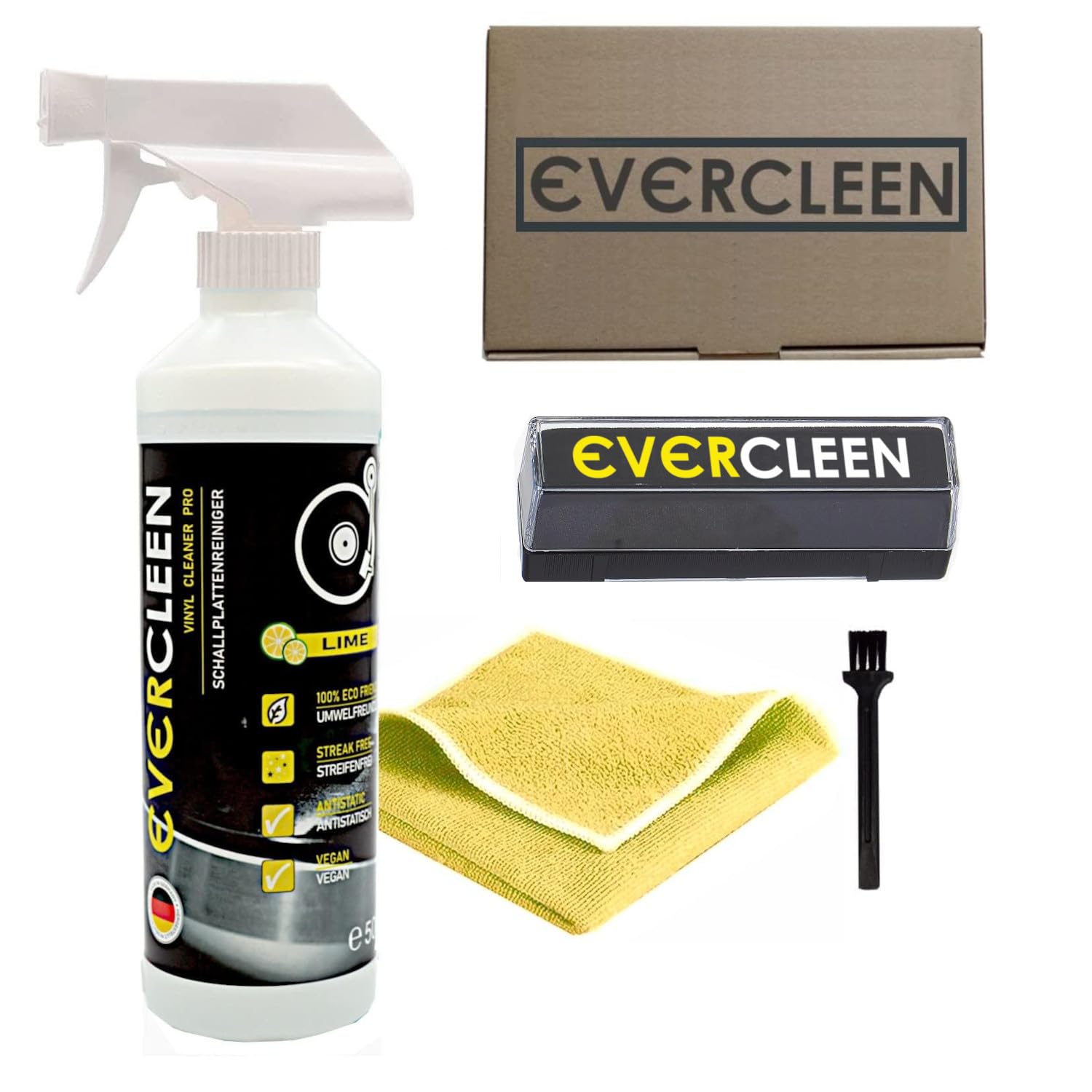 Made in Germany Vinyl Record Cleaner Pro Schallplattenreiniger Set 500ml + Samtbürste + Mikrofasertuch + Bürste – Umweltschonender Veganer Reiniger für Schallplatten