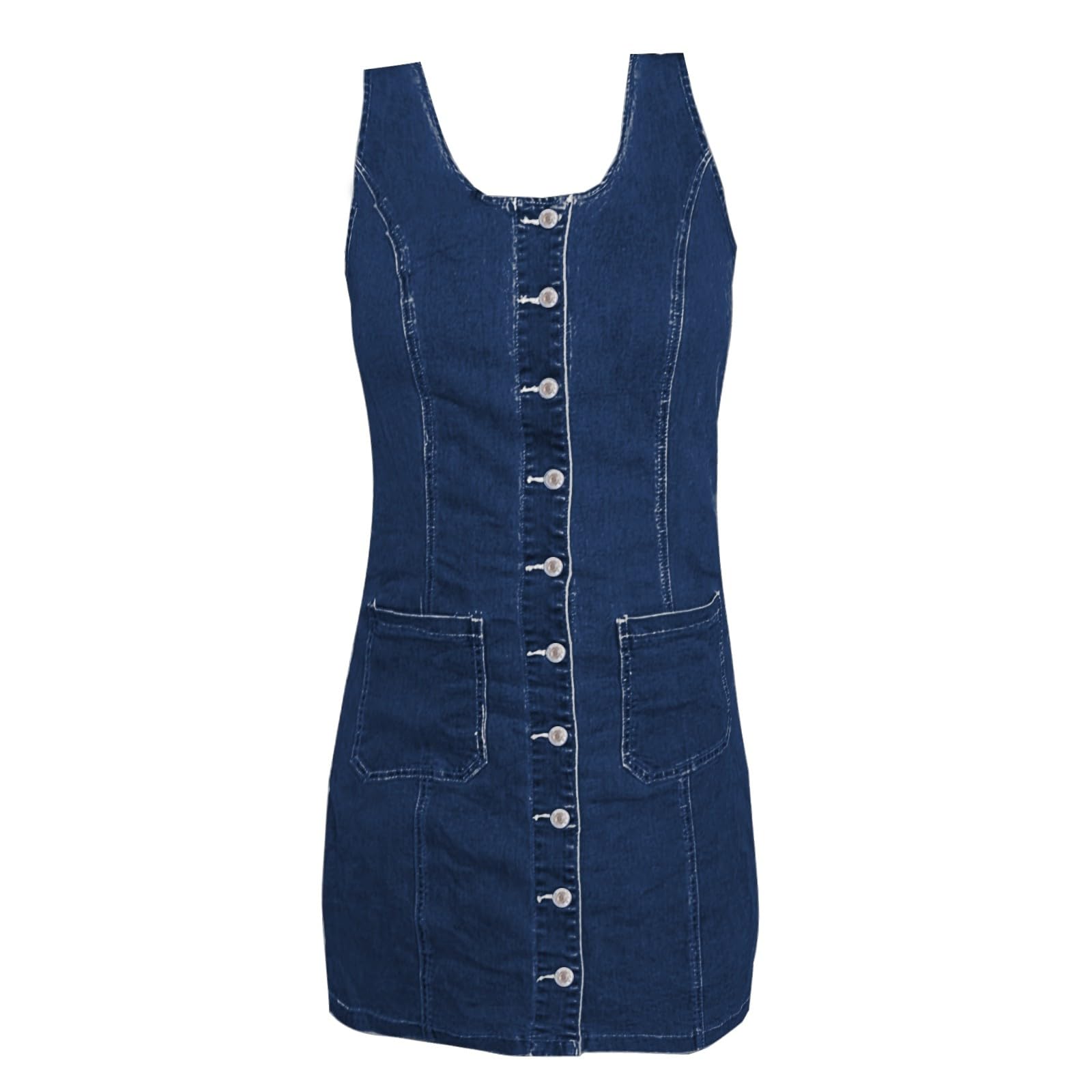 Generisch Robe en jean sans manches pour femme - Mini robe d'été extensible avec col rond - Style vintage - Avec boutonnière - Avec poche plaquée - Robe courte