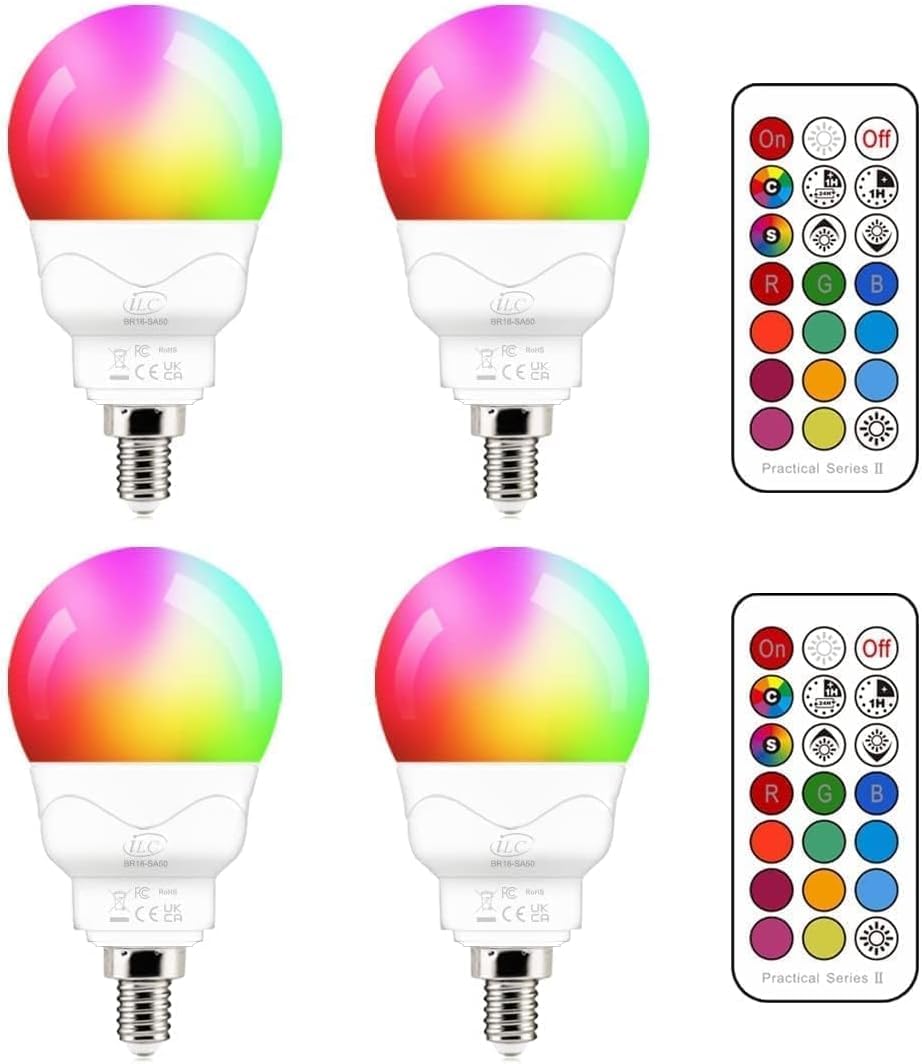 iLC E14 Led Lampe 5W (ersetzt 40W) RGBW mit Fernbedienung kaltweiße 5700K Ambiente RGB Farbwechsel Farbige Birne Leuchtmittel Dimmbare (4er-Pack)