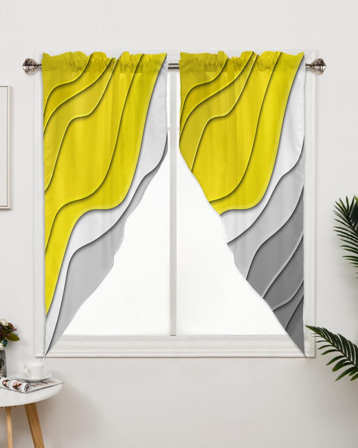BEMIGO Swag Valances for Windows, Ombre Yellow Grey Rod Pocket Kitchen Farmhouse Window Curtains Over Sink, Abstract Texture Farmhouse Swag Curtains,2 Panels, 45 Inches Length