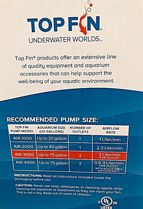 Top Fin Aquarium Air-3000 Pump. Ideal for Up to 75 Gallon Aquariums.