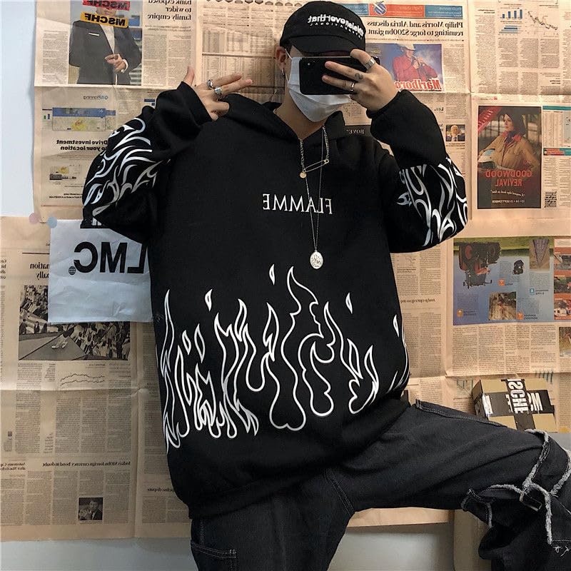 Y2k Unisex Flame Print Hoodies Casual Oversized Long Sleeve Pullovers Tops Harajuku Loose Sweatshirt for Women and Men2