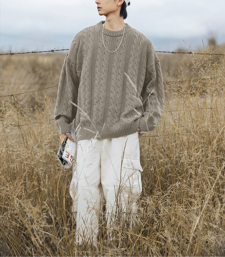POHADON Mens Vintage Cable Knit Sweater Vintage Chunky Crewneck Long Sleeve Oversized Pullover 2026 Fall Winter Sweatshirts - Image 5