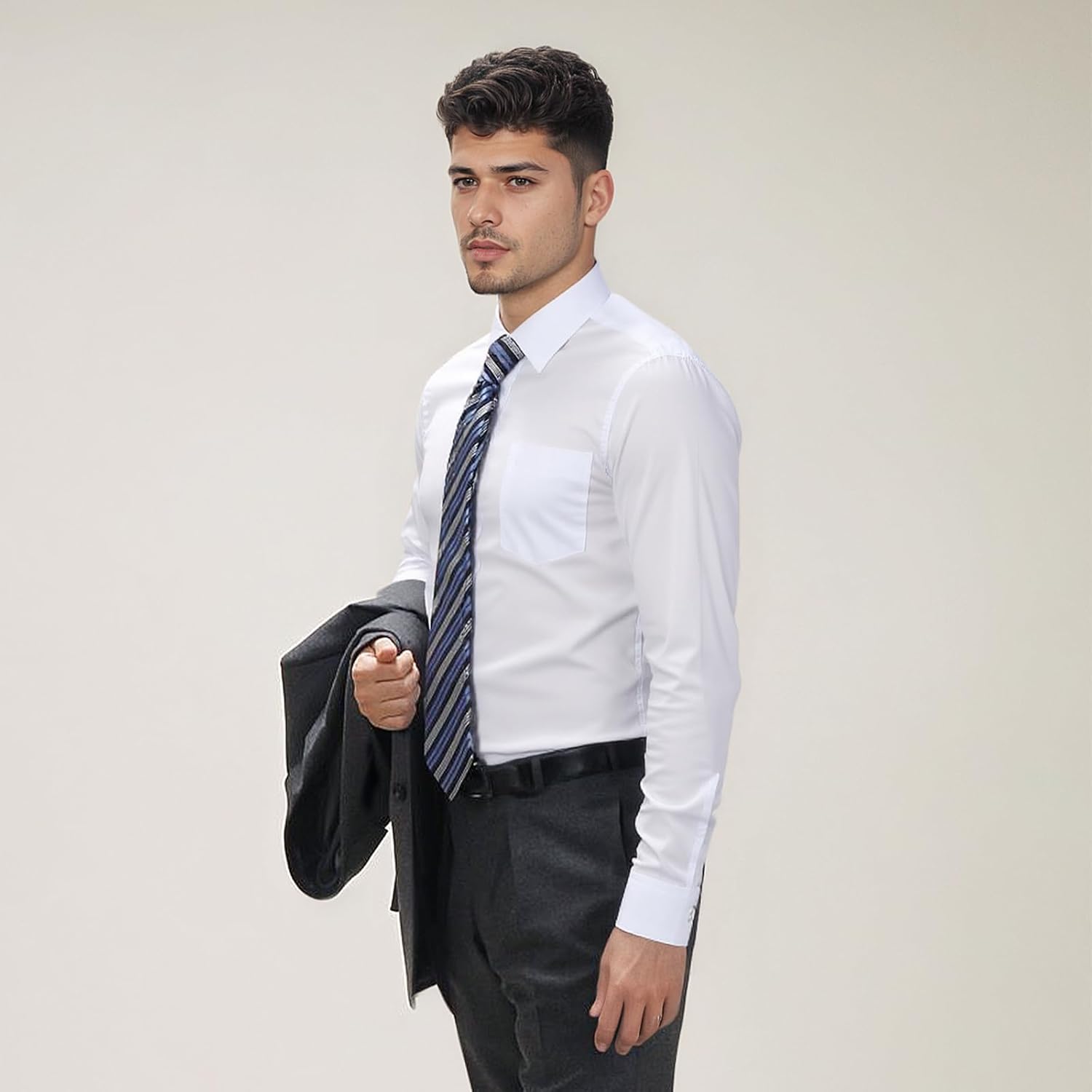 Mens Dress Shirts Long Sleeve Collared Stretch Solid Formal Wedding Dating Business Casual Button Down Shirt Pocket - Image 3