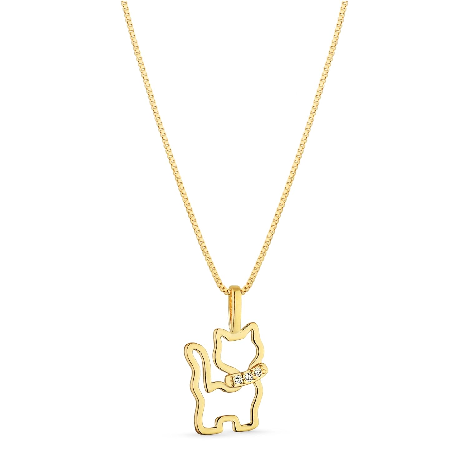 Colar Feminino com Pingente de Gato, Zircônias, Banhado a Ouro 18k, Corrente 50cm, Stella Semi Jóias
