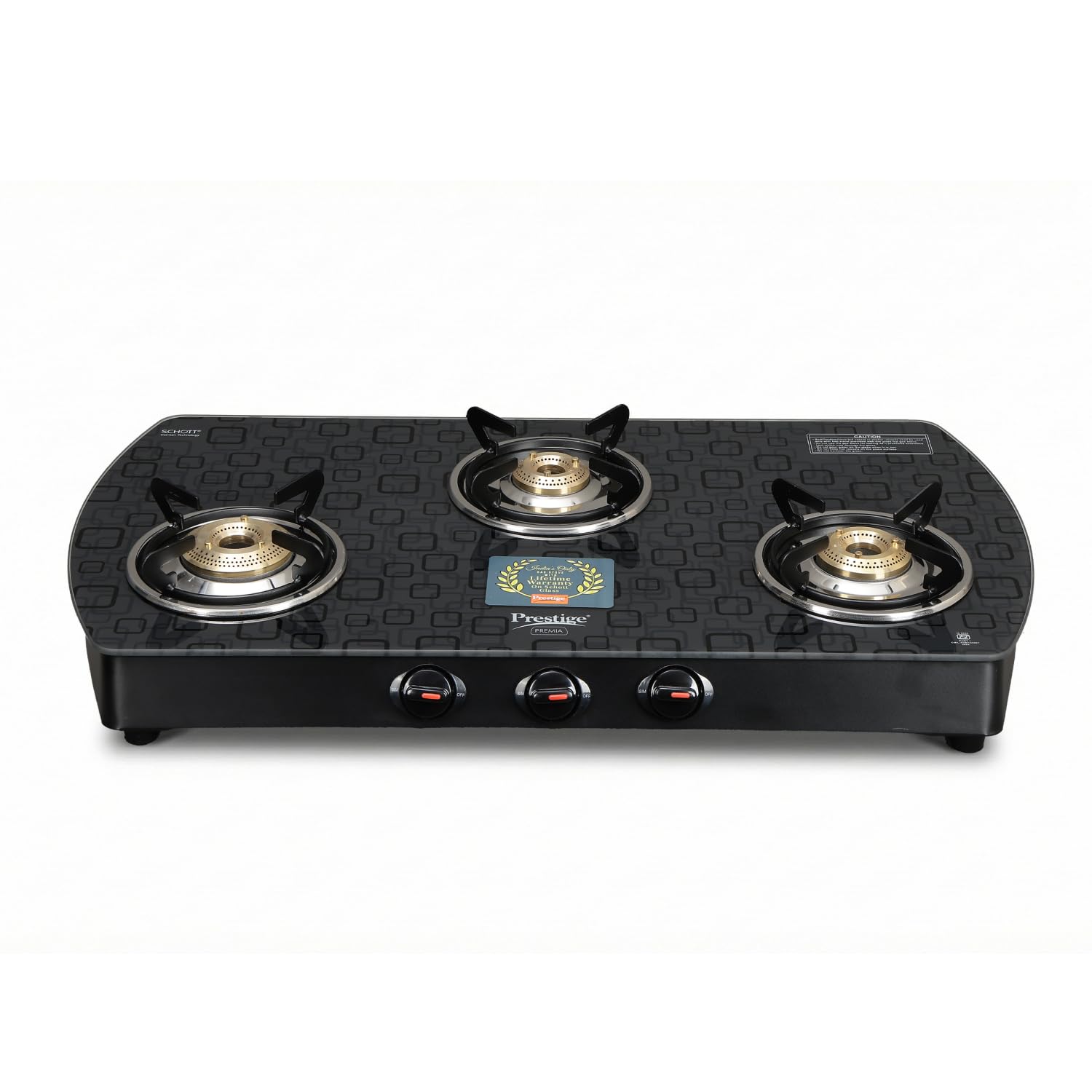 Prestige Premia Schott Glass-Top GTS 03L (D) (Black) 3 Brass Burner Gas Stove | Black | Ergonomic Knob | SABAF Gas Valves | Individual Pan Support | Tri-Pin Burners-image-41