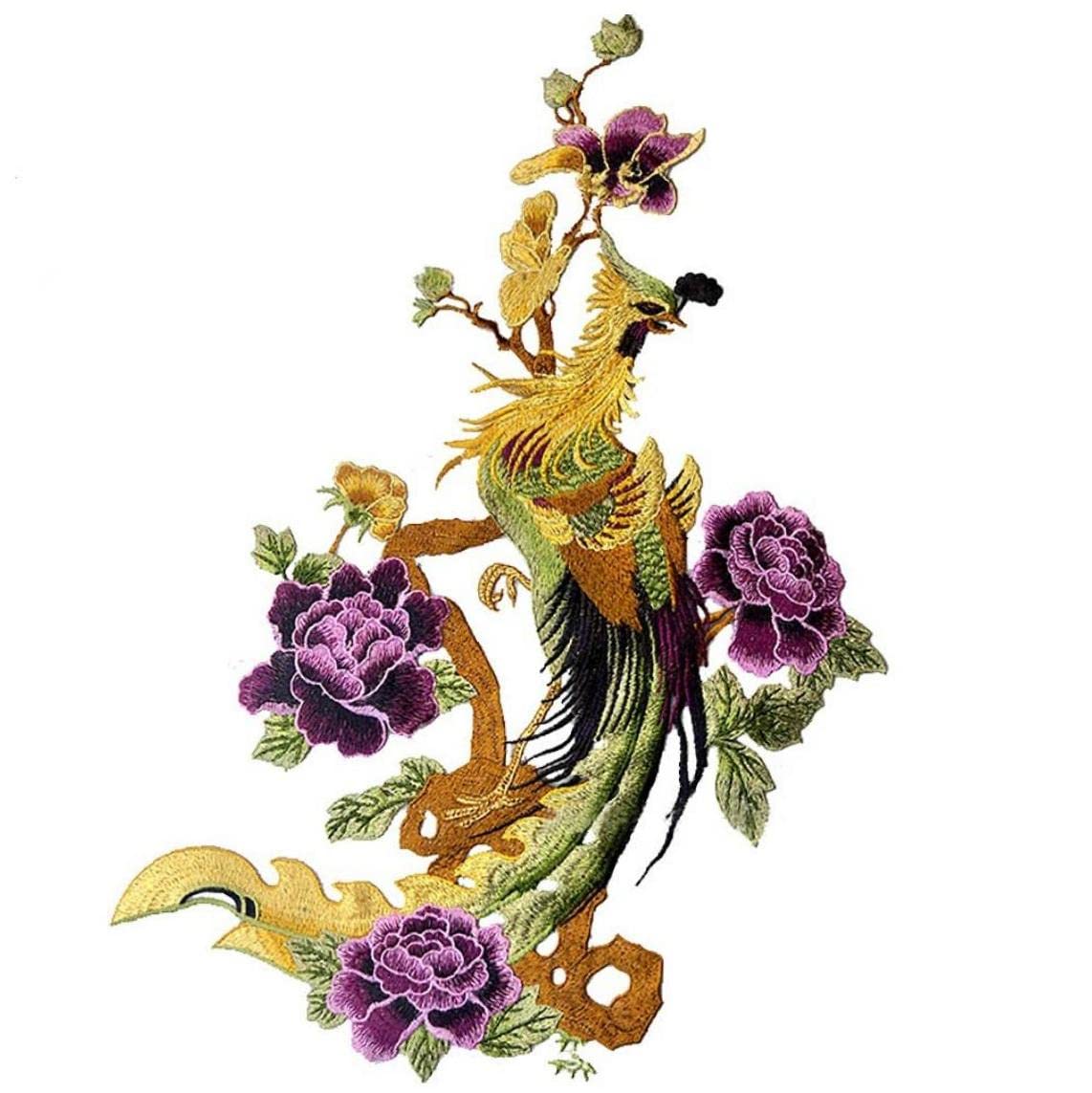 Ericetion Purple Bouquet Craft Patch Embroidered Peony Flower Floral Applique Iron-On Sew-On Embroidered Patch Phoenix Bird Motif Applique