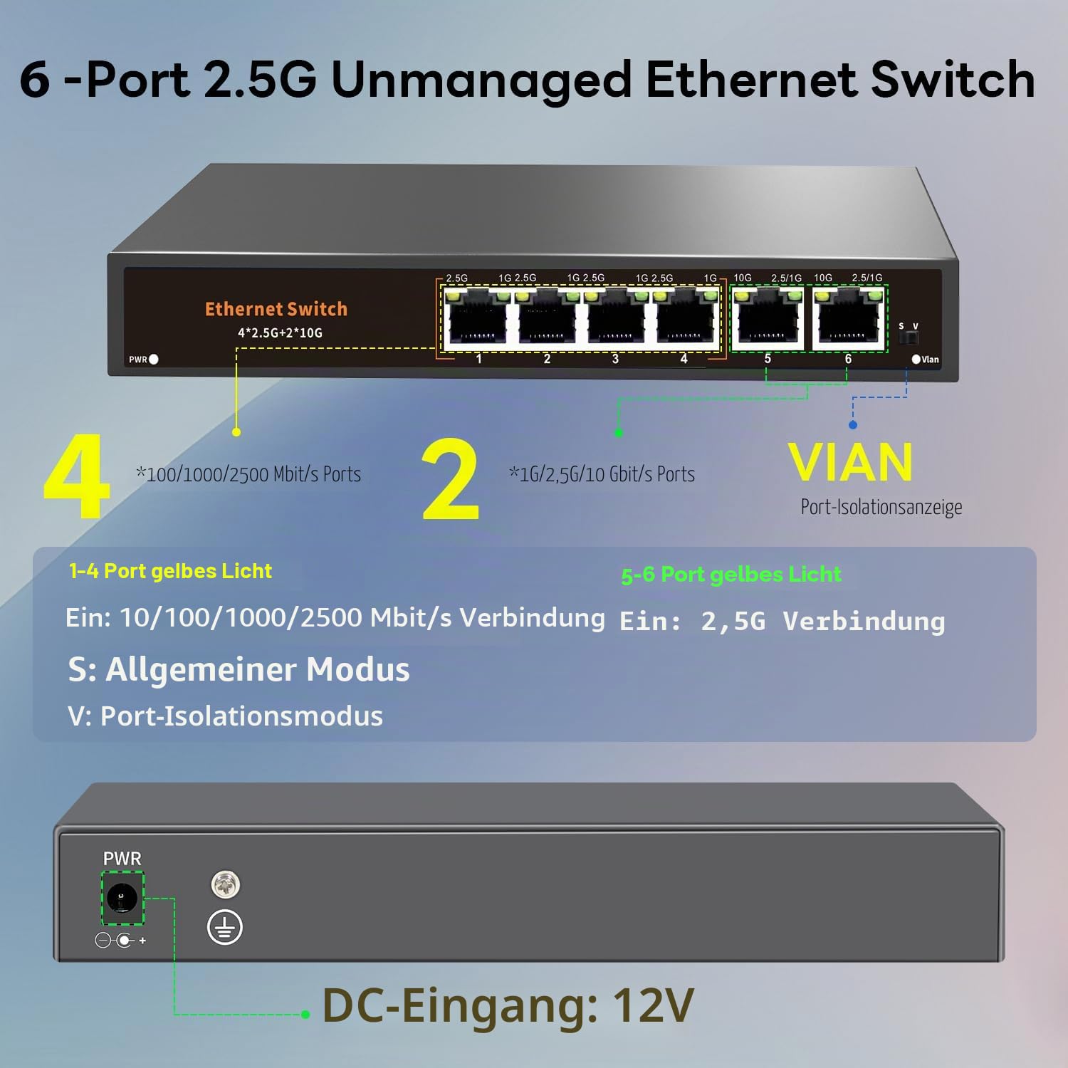 10G Unmanaged Ethernet Switch mit 2 x 10G RJ-45 Uplink-Port und 4 x 2,5 G Base-T Ports, kompatibel mit 100/1000/2500 Mbps, One-Key WLAN, lüfterlos Plug & Play, Metall 2,5 GB Netzwerk-Switch (6)