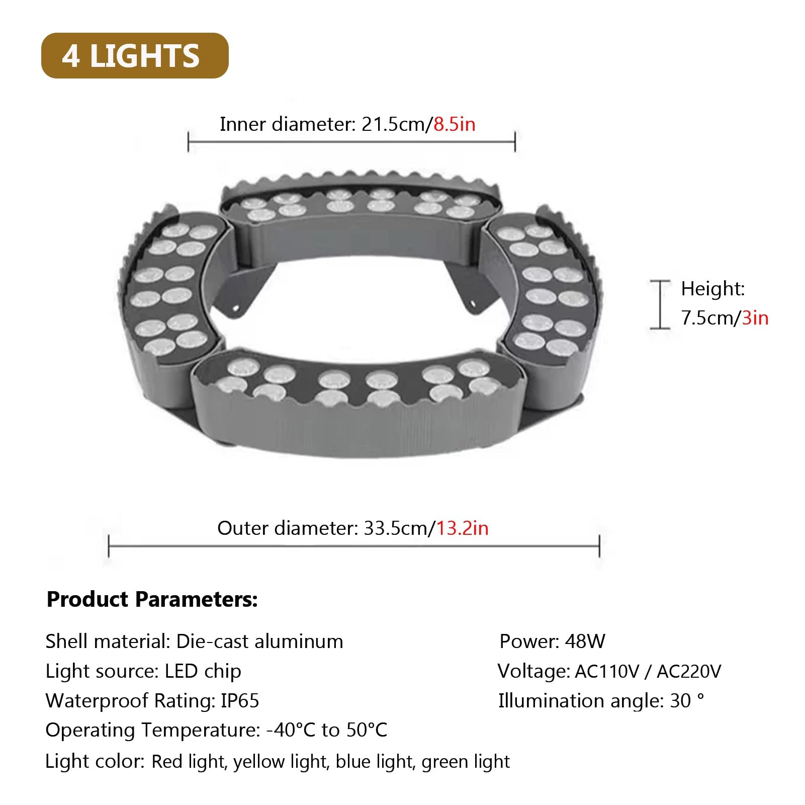 Lampa krajobrazowa LED, regulowany pierścień świetlny IP65 na drzewa, reflektor LED, 4 kolory, do dekoracji ogrodu na zewnątrz, czerwony, żółty, niebieski, zielony (AC110V)