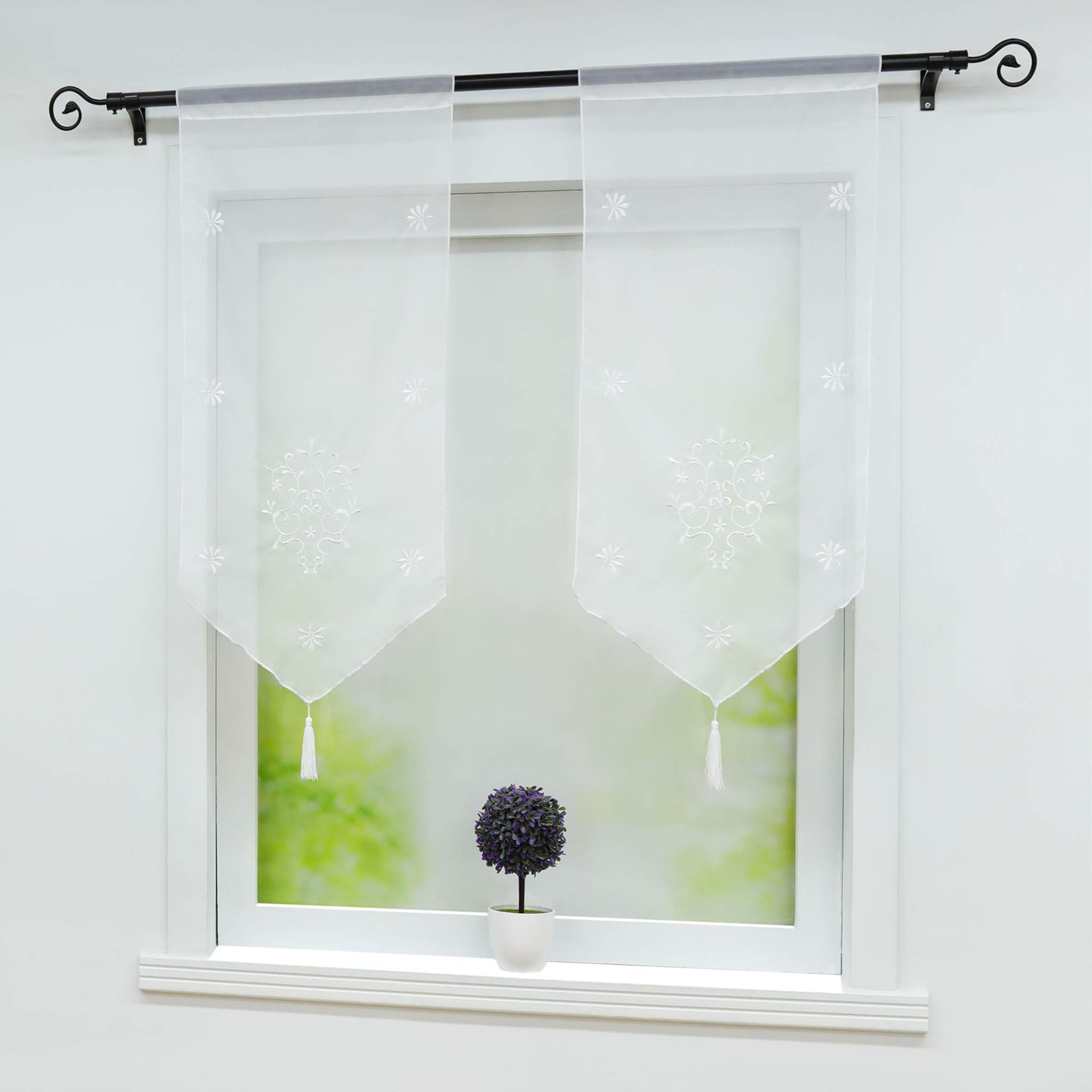 Rideau Brise-Bise Voile Transparent Broderie Florale Frange Pompon - Blanc 40x60cm