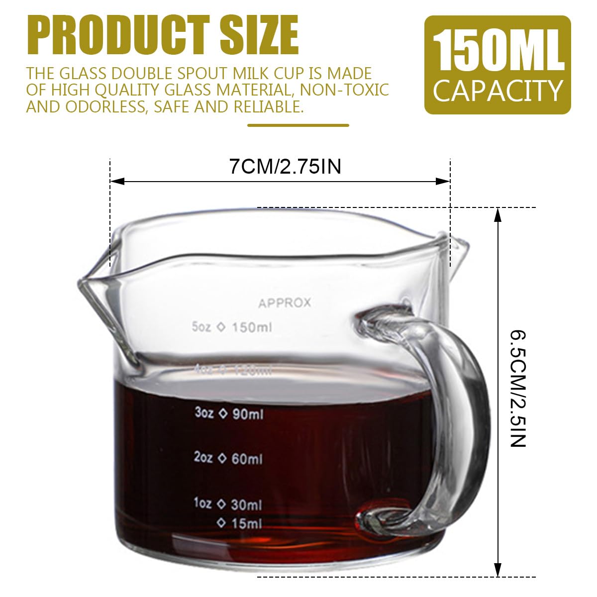 DOERDO Espresso Glass Measuring Cup, 150ml/5oz Double Spouts Glass Pitcher with Handle, Mini Coffee Pot Pitcher