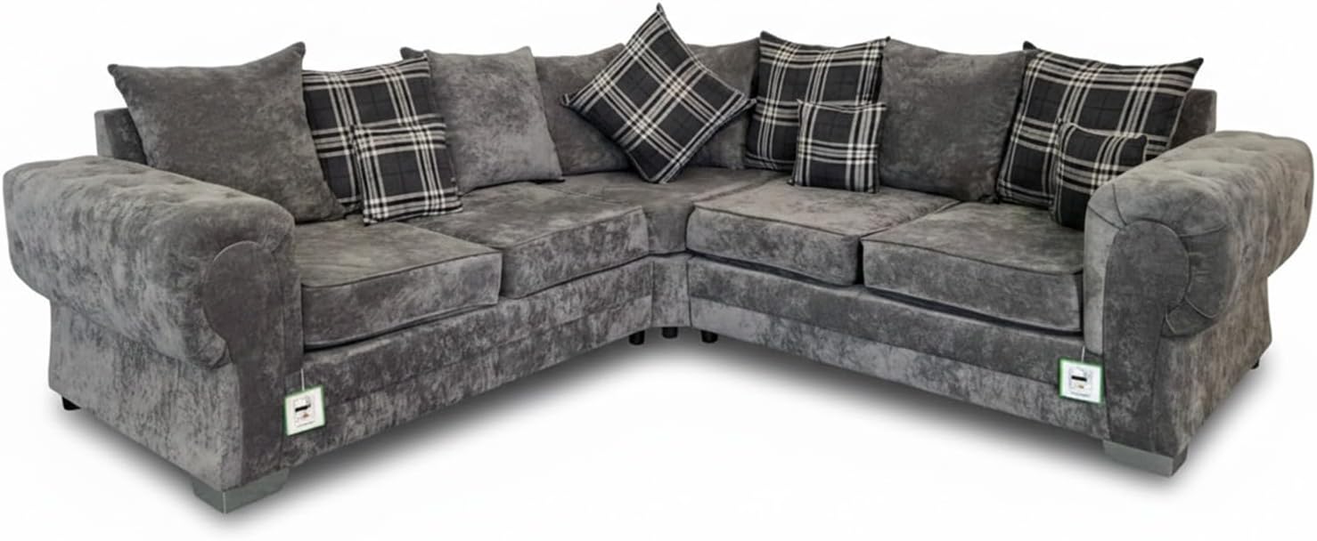Grey Chesterfield Couches - Verona 5 Seater 2c2 Corner Sofas - Soft Fabric 3+2 Settees - Comfy 3&2 Seated Scatter Back Couch - Upholstered 1pc, 2pc & 3pc Sofa Suites for Living Room (Grey, Corner)