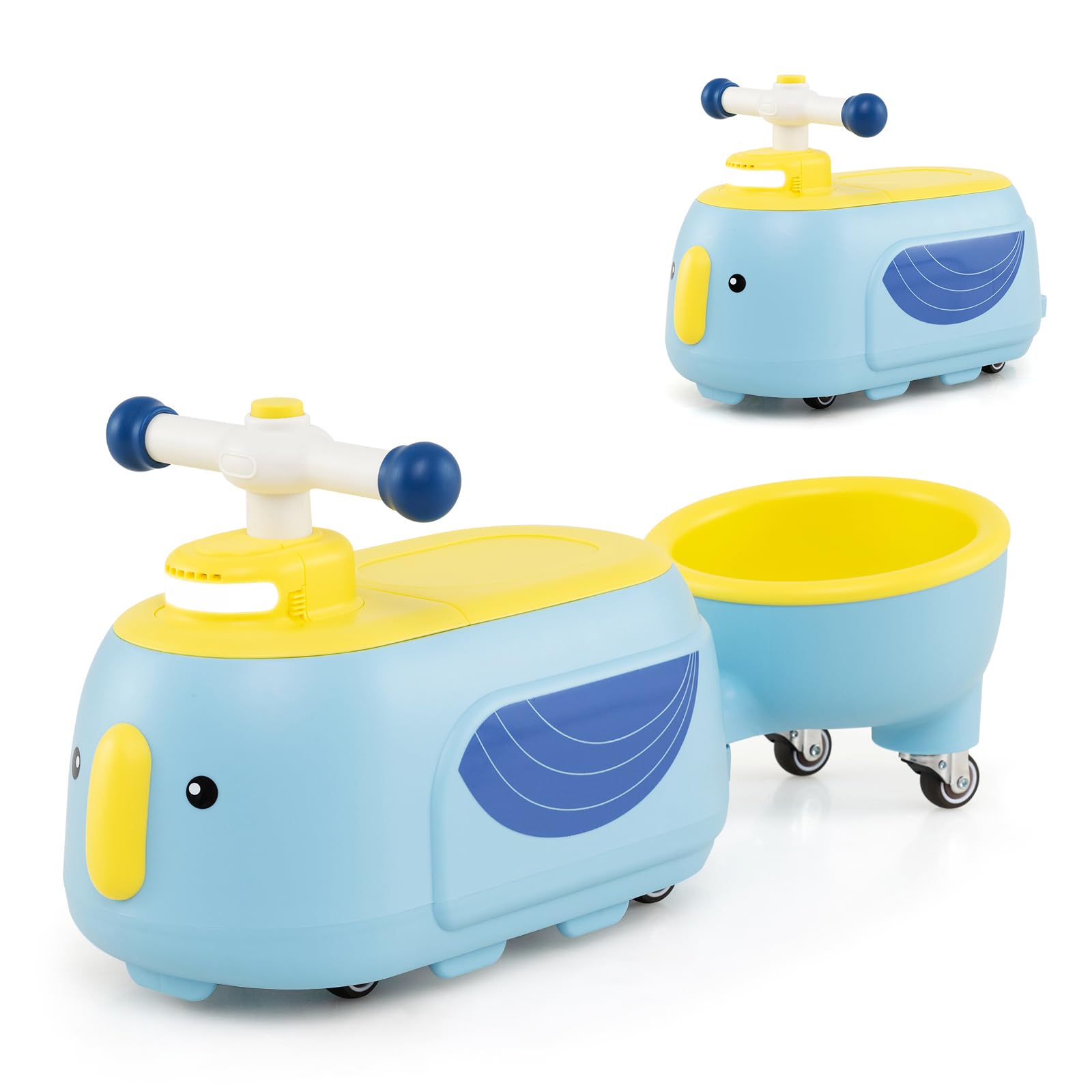COSTWAY Toddler Ride on Car, Foot to Floor Sliding Car with Trailer, Light, Music, Under-Seat Storage, Developmental Ride on Toy for Boys Girls 12+ Months Old (Blue+Yellow)