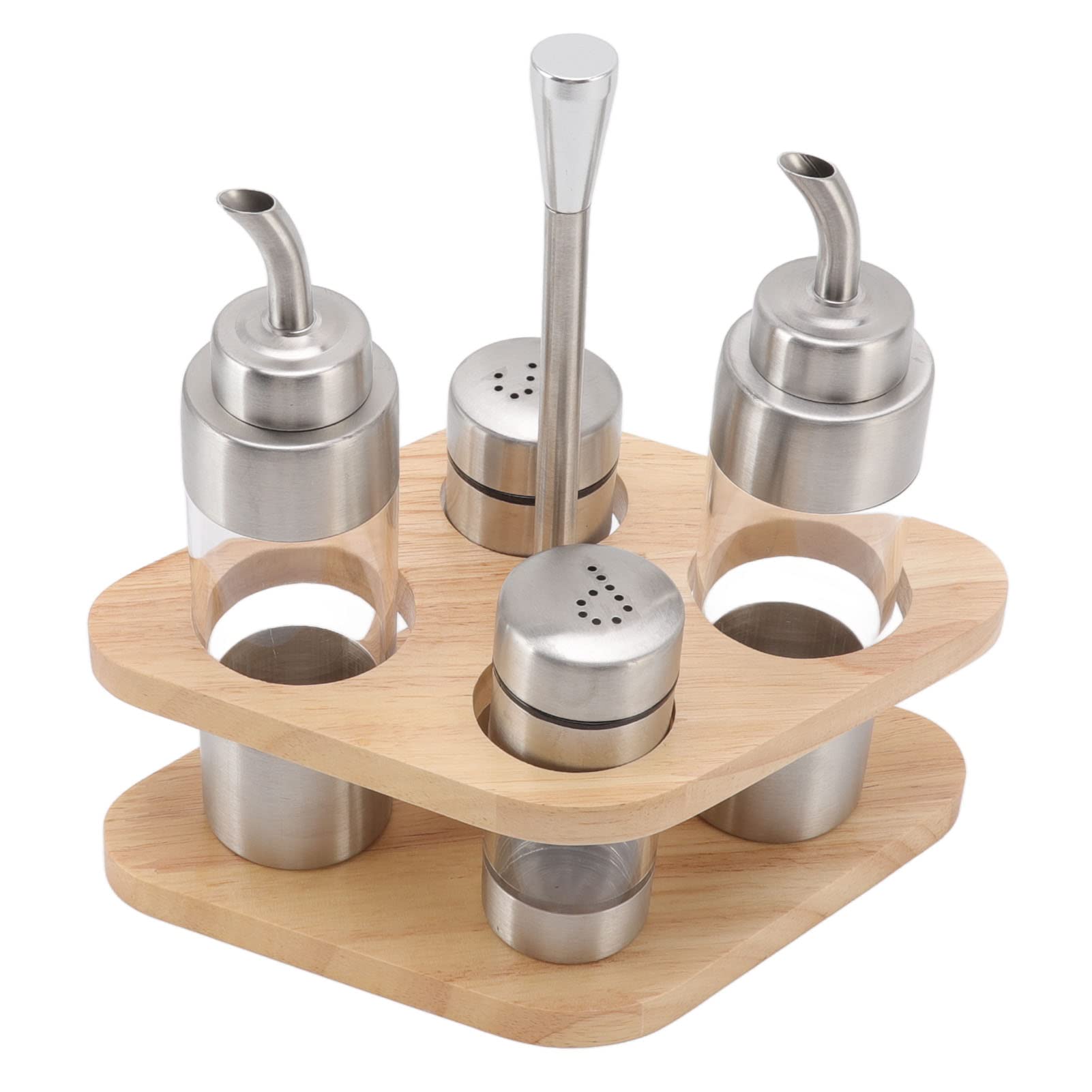 Set di bottiglie Se in acciaio inox con griglia in legno, 5 contenitori per sale, olio, aceto, soluzione da cucina per condimenti e condimenti