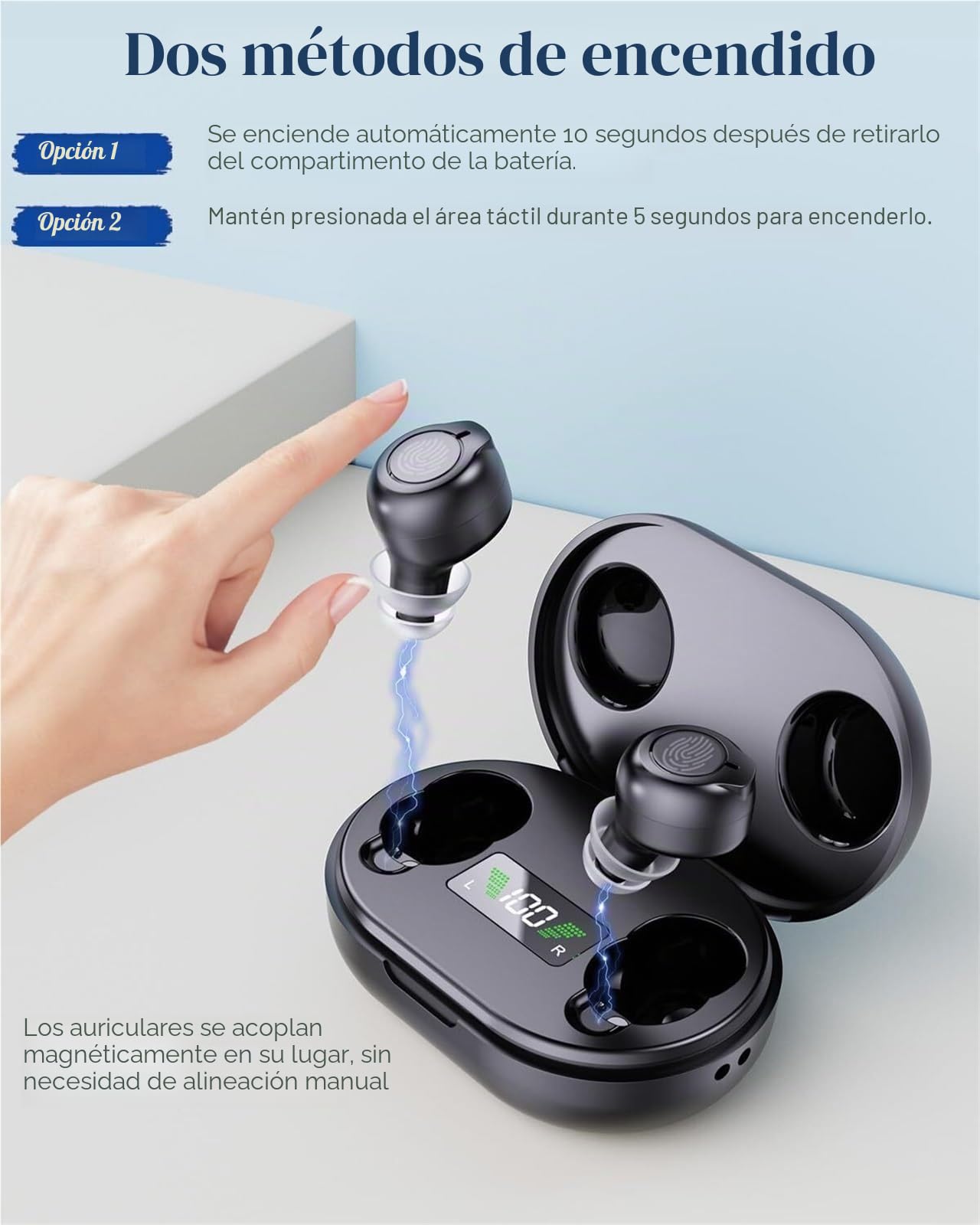 Amplificador de sonido personal inteligente, diseño semi-in-ear ligero, reducción inteligente de ruido, arranque sin comentarios, ajuste de volumen táctil, ideal para mejorar la escucha