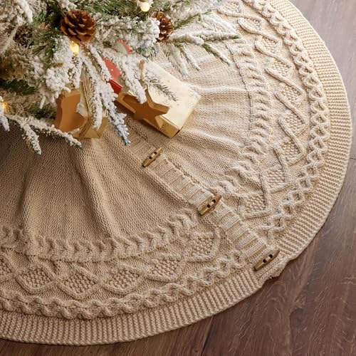 48 inch Christmas Tree Skirt: Diamond Cable Combo Edge Knit Tree Skirt for 7.5ft Tree, Beige Tree Skirt, Vintage Tree Skirts, Rustic Farmhouse Christmas Decorations