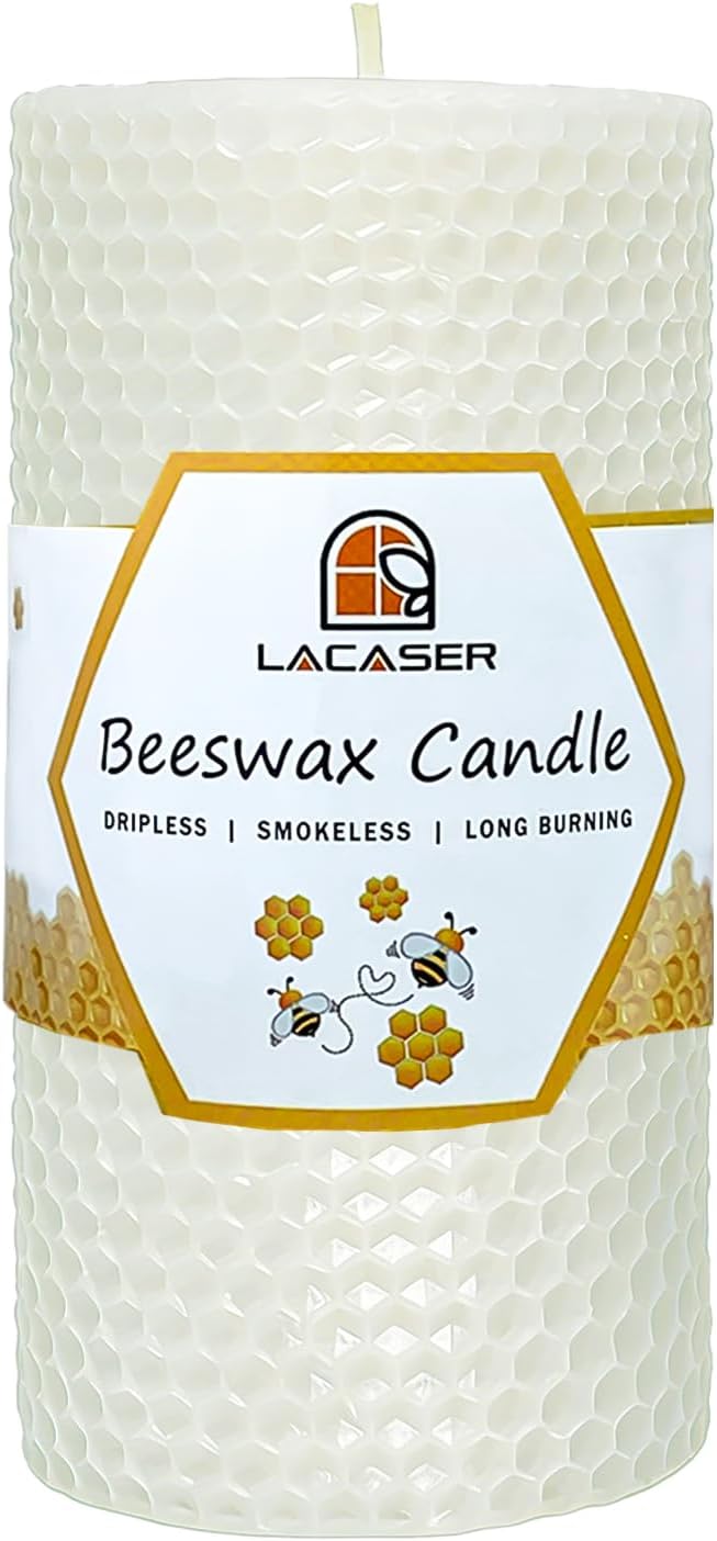 Large Beeswax Pillar Candles, Size 3"x6", Natural Bees Wax Candle Sheet Handrolled for Home, Unscented & Smokeless, 40 Hour Burn Time, White