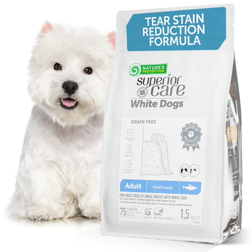 Nature's Protection Superior Care Grain Free Dry Dog Food for Small Adult White Dogs - Hypoallergenic Dog Food with Herring, Omega 3 & 6 - Reduces Tear Stains, Promotes Healthy Skin & Coat, 1.5kg