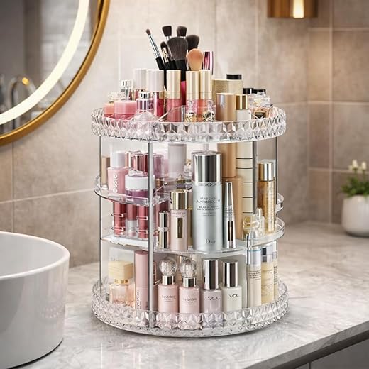 Organizador Acrílico Giratório 360º Porta Maquiagem Ajustável Grande Capacidade Porta Cosméticos Perfumes Joias Pincéis Bandejas Reguláveis Premium Resistente Elegante Multiuso
