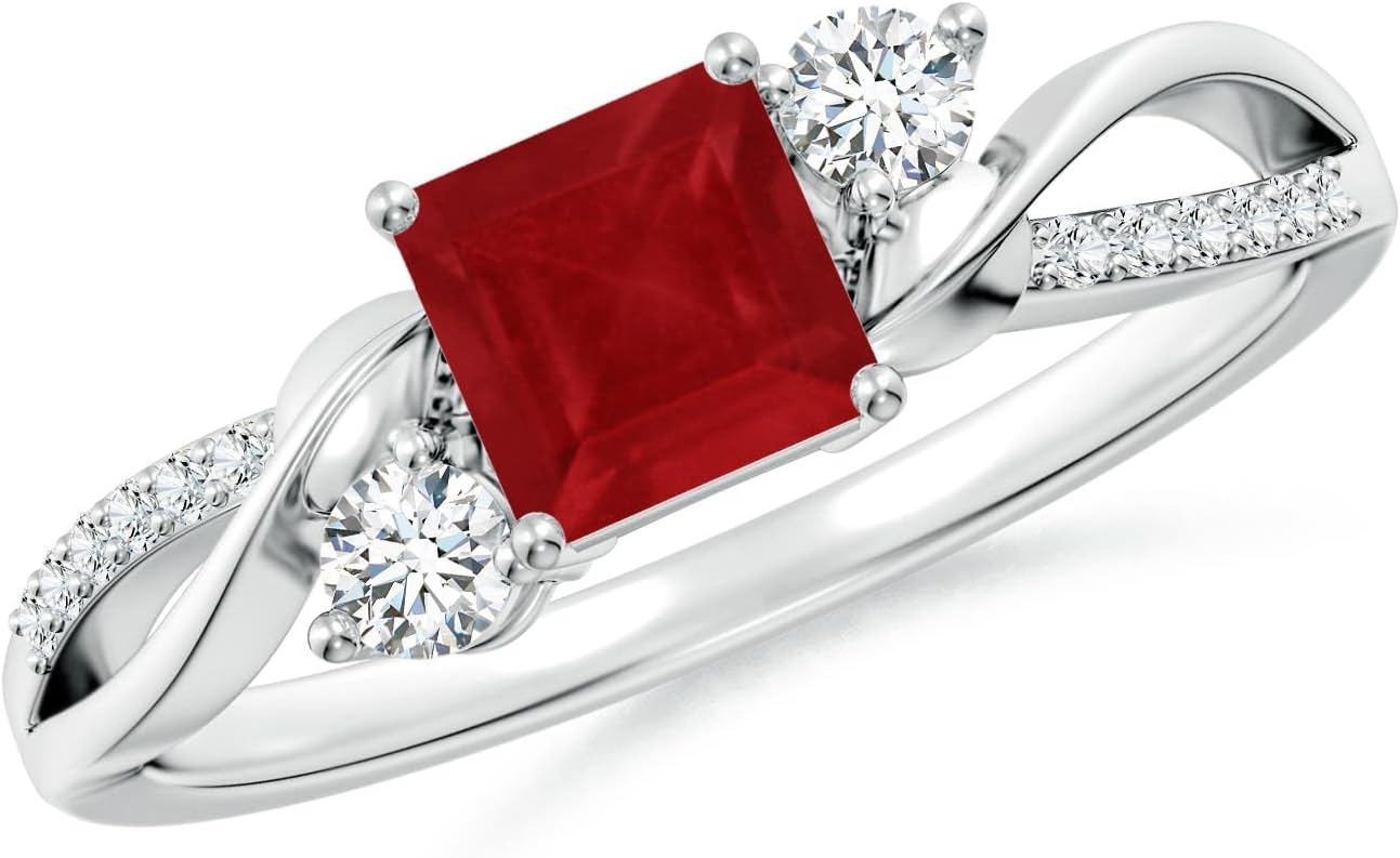 Angara Square Ruby Twisted Vine Engagement Ring in 14K Solid Gold/Platinum | Natural Ruby Side Stone Ring for Women | July Birthday, Red Gemstone Jewelry Gift