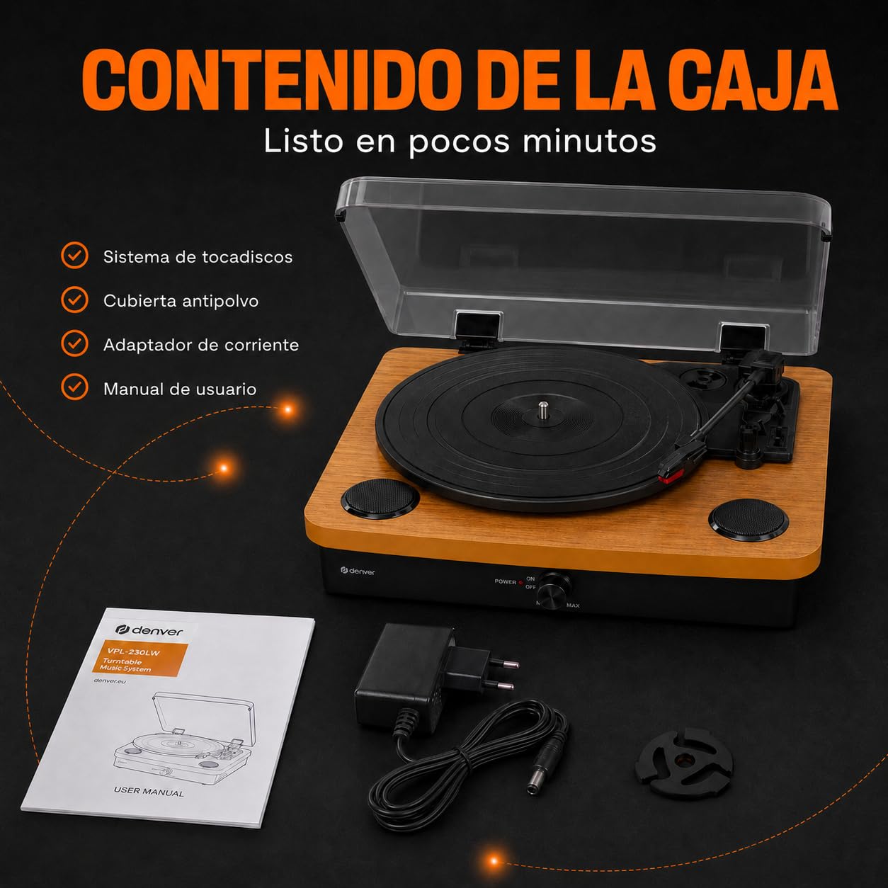 Denver VPL-230LW Tocadiscos Bluetooth, 3 velocidades 33/45/78 RPM, Altavoces Integrados, USB/SD MP3, Salida Phono, Madera Clara