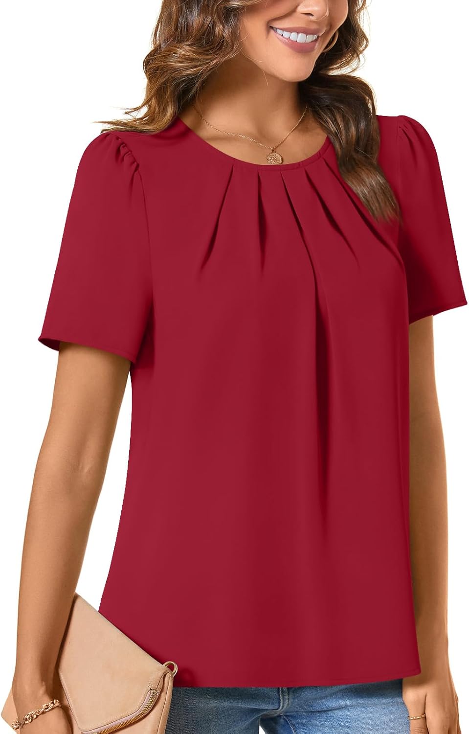 ALIGADUO Womens Summer Basic Chiffon Blouse Pleated Crewneck Shirts Casual Trendy Tops - Image 2
