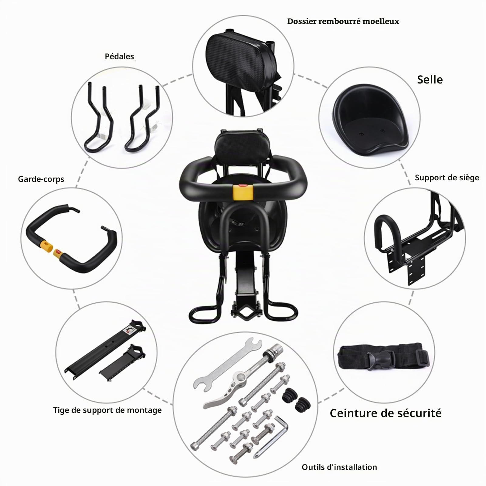 LIXADA Siège de vélo de sécurité pour Enfant Siège de vélo Avant pour bébé Selle pour Enfant avec pédales Support Dossier pour VTT Vélo de Route (Noir (avec Dossier Souple))