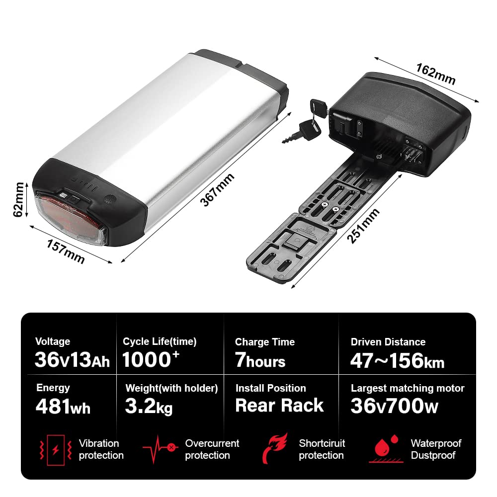 SEASON Batería Ebike de 36V Batería de Litio 14.5Ah/13Ah con portaequipajes Cargador para Kits de conversión de Bicicletas eléctricas Motor 0-800W
