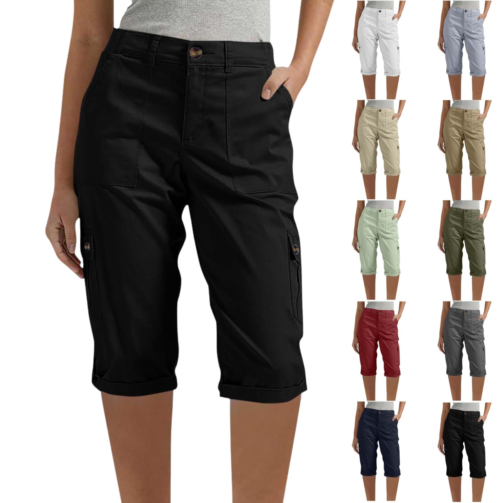 Womens Capris with Pockets Stretch Lightweight Casual Cargo Pants Rolled Summer Cropped Trousers Outdoor Clothes