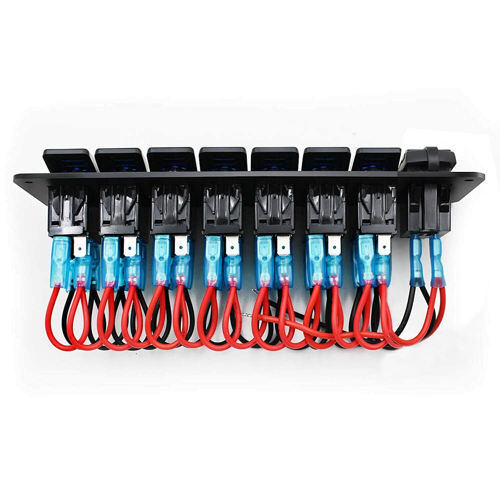 Bostar Panel de Interruptor de 8 Entradas con 2 Cargador USB Súper Rápido 4.8A, Interruptor Basculante Marino para Barco y Coche 12V-24V,8 Gang Panel de Interruptores Basculantes