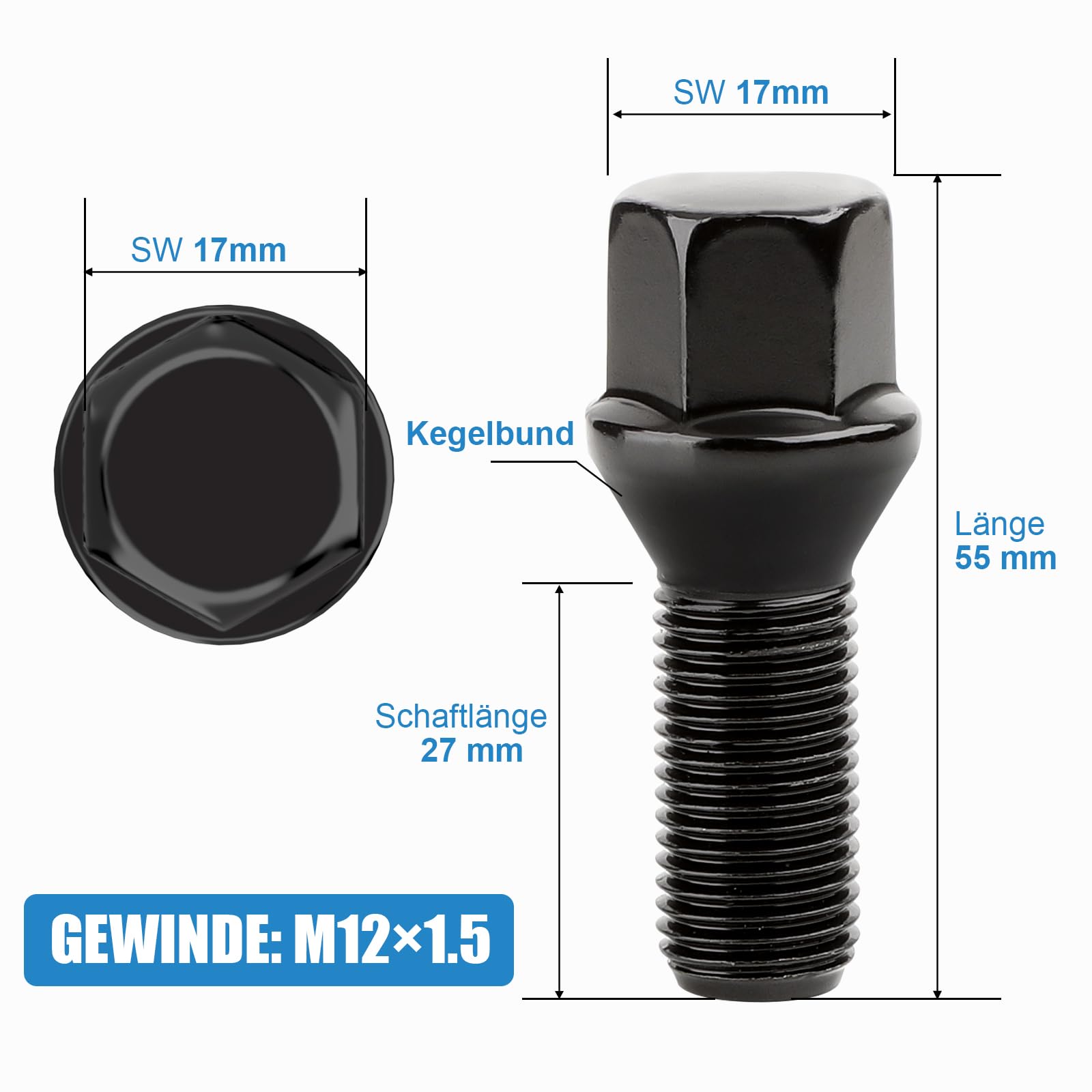 20 Boulons de Roue | M12x1,5x28mm | Siège Conique CLÉ 17 mm | Compatible avec BMW